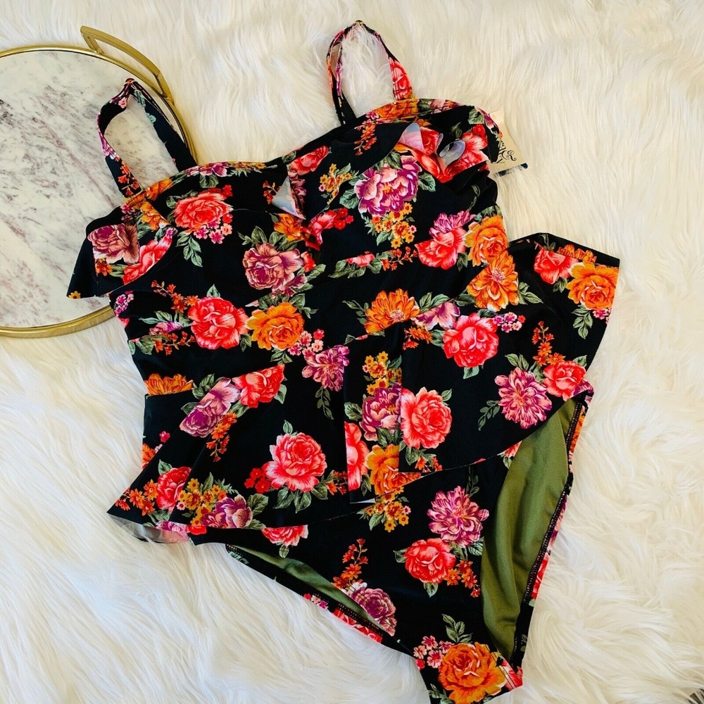 NEW Terra & Sky Swimsuit Flowers Black Swimdress